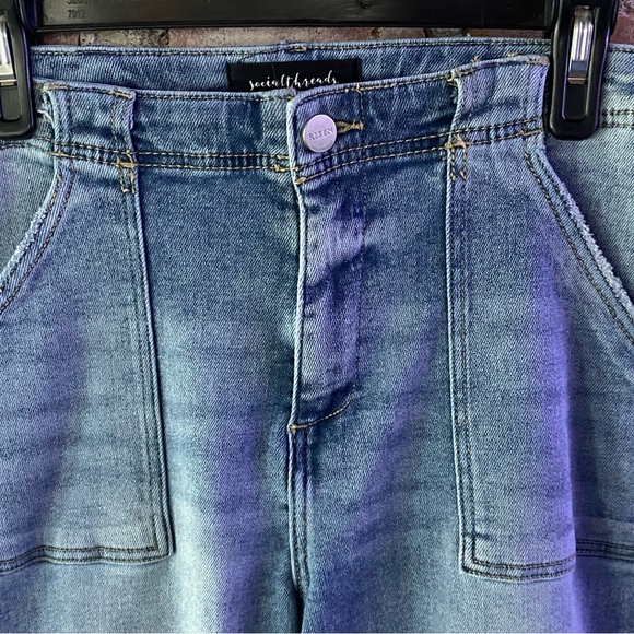 RISEN High Waisted Wide Legs Stylish Blue Denim Jeans w/ Front Pockets, Zipper - Picture 7 of 11